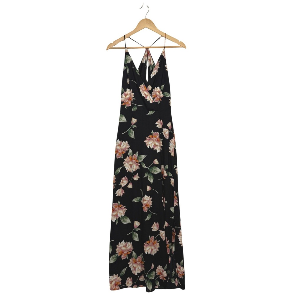 Lush Floral Maxi Dress Womens Small Black Pink V-Neck Strappy Back Slit Feminine